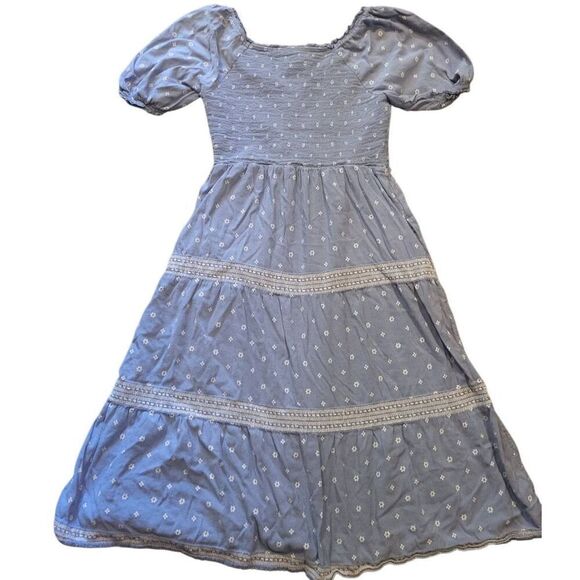 Old Navy Dress Women's Medium Blue Puff Sleeve Smocked Midi Chambray Block Print - Picture 2 of 6